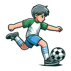 Fototapeta na wymiar Happy cute little boy playing soccer football game in action cartoon vector illustration, kid player kicking ball design template isolated on white background