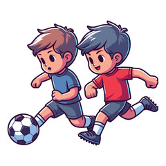 Happy cute little boy playing soccer football game in action cartoon vector illustration, kid player kicking ball design template isolated on white background