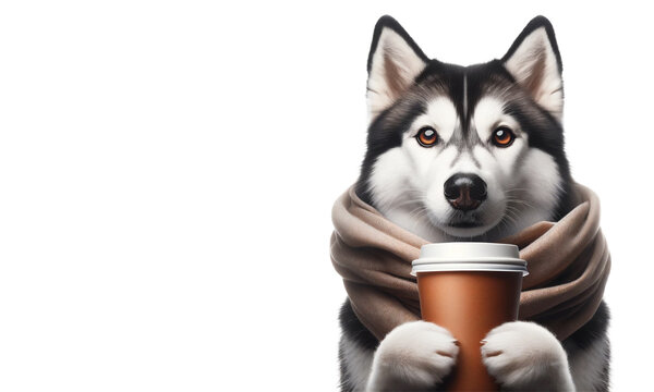 Stylish  Siberian Husky Dog Embracing a Warm Cup of Coffee, Wrapped in a Cozy Scarf - Elegant Canine Winter Comfort Photography 
