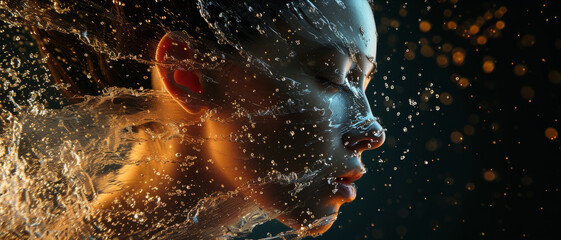 Enveloped in liquid artistry, the profile of a young woman merges with water, a dance of form and light