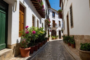 Fototapeta na wymiar a narrow cobblestone street lined with potted plants, spanish alleyway, narrow and winding cozy streets, narrow streets,