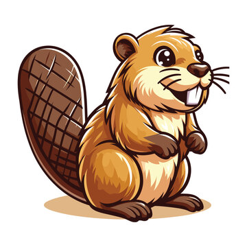 Cute adorable beaver cartoon character vector illustration, funny animal brown beaver flat design mascot logo template isolated on white background