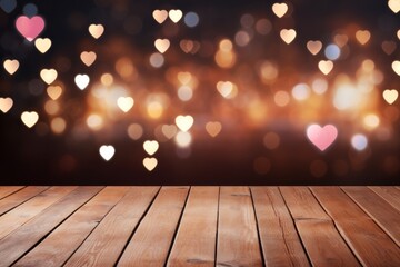 Empty wooden table top with Valentines Day blurred background bokeh as hearts. Festive abstract pattern.