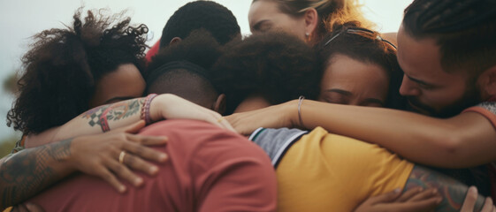 Embrace of unity, a diverse group of friends share a moment of heartfelt connection at dusk