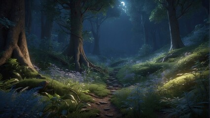 Tranquil Nocturnal Pathway: Moonlit Forest with Ethereal Glow