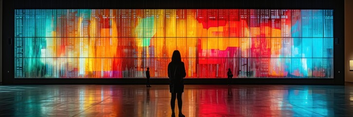A series of screens embedded in a modern art installation, showing real-time stock market data