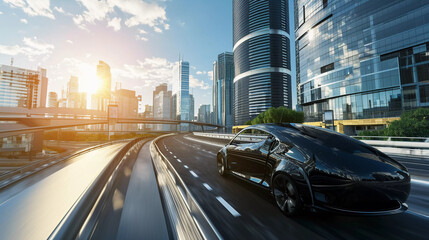 Futuristic self-driving vehicle moving on highway heading to the smart city with skyscrapers and...