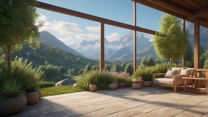 Idyllic countryside living: wooden house with terrace, flower arrangements, and panoramic mountain views - obrazy, fototapety, plakaty