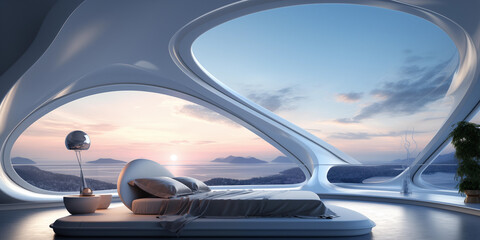 Futuristic Modern bedroom Interior Design, panoramic view concept design, focus on sleek lines and innovative materials, Futuristic interior design