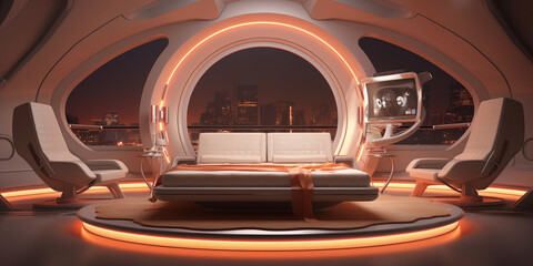 Futuristic Modern bedroom Interior Design, panoramic view concept design, focus on sleek lines and innovative materials, Futuristic interior design