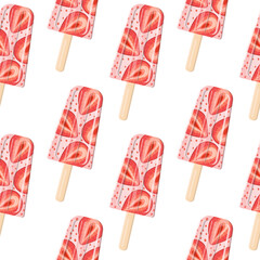 Strawberry ice cream on a stick seamless pattern. Vector flat style. Bright, summer juicy background.