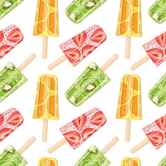 Fruit ice cream on a stick. Orange, kiwi and strawberry. Seamless pattern in vector flat style. Bright, summer juicy background.
