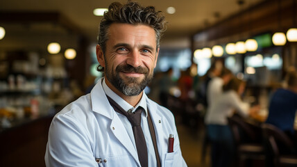 Fototapeta premium Pharmacist working in pharmacy. Hispanic doctor dressed in a gown, white and background with copy space. 