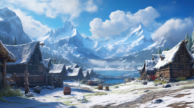 An ancient fantastic village overlooking the mountains. Winter time. Generative AI
