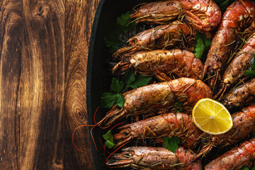 Fried shrimps on grill pan with fresh herbs and lemon slice. Seafood background.