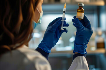 Concept of fighting covid-19 corona virus, doctor or scientist in laboratory holding syringe with liquid vaccines for children or elderly, Concept: disease, medical care, science. Space for copy