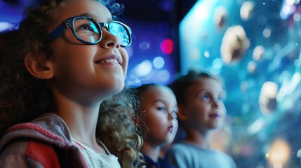 Young Girl Wearing Glasses Looks Up at Something, Children Day