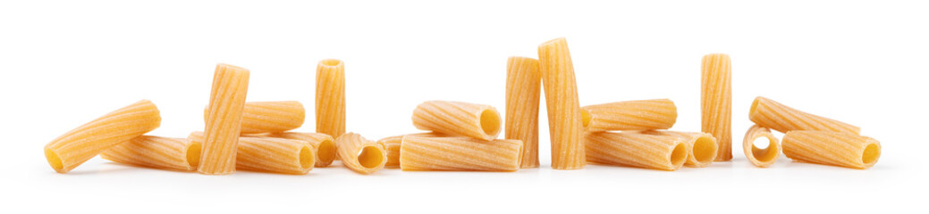Whole durum wheat pasta. Raw tortiglioni in a row isolated on white background. - 727182429