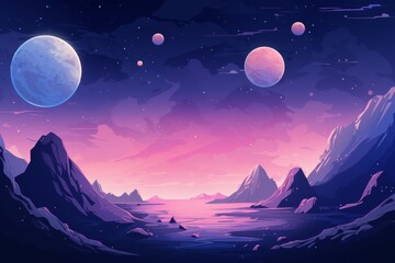 Space landscape illustration with planets over the mountains