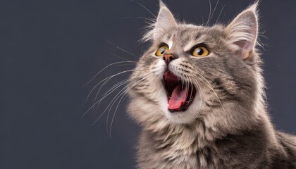the gray cat looks up mewing and having widely opened a mouth