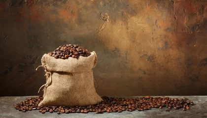 Fotobehang fresh old sack of coffee grains and brown old wall background © Mac