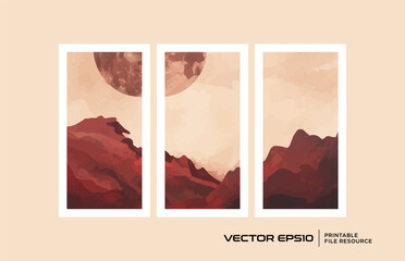 Set of mountain view wall art vector template. Landscape background cover, poster, banner, card
