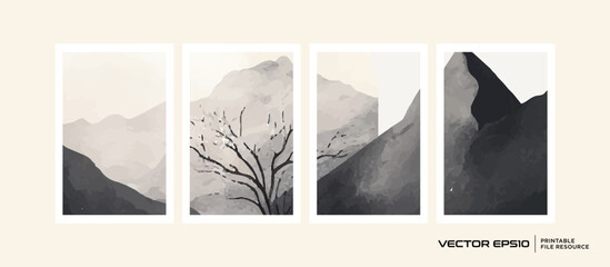 Set of mountain view wall art vector template. Landscape background cover, poster, banner, card