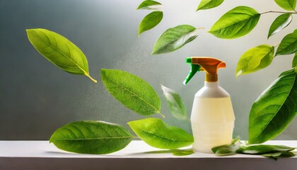 an eco friendly cleaning concept showcasing a spray bottle filled with cleaning solution placed on a light background accompanied by flying green leaves symbolizing environmentally conscious home