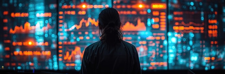 A trader analyzing a holographic display of live stock data and charts