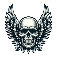 Fototapeta premium Skull wings vector illustration, winged skull badge emblem template suitable for apparel t-shirt, poster, motorbike club logo, tattoo. Design isolated on white background