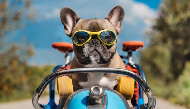 close up of a funny french bulldog with goggles in a pedal car