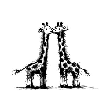 Two giraffes whispering to each other, in the style of childish hand drawn drawing