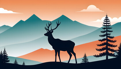 Majestic Stag Standing Before Snow-Capped Mountains at Twilight, illustration of deer