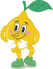 A cute hand-drawn lemon in a trendy retro style of the 60s and 70s. A walking vintage mascot. A vector illustration drawn by hand. Happy emotions, a smile. A cute kawaii mascot.