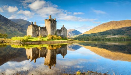 reflection of kilchurn castle in loch awe highlands scotland - obrazy, fototapety, plakaty