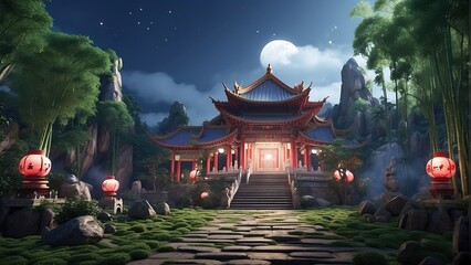 Oriental Majesty: Moonlit Lanterns and Stone Paths at the Castle Gate
