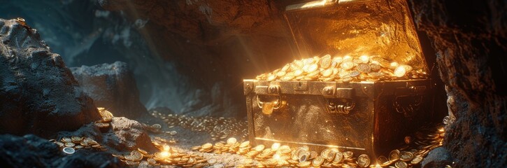 A treasure chest overflowing with various digital currencies in an ancient cave 