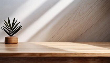 empty minimal natural wooden table counter podium beautiful wood grain in sunlight shadow on white...