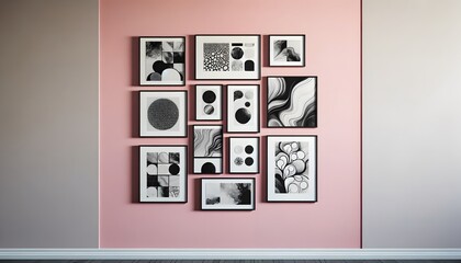A series of abstract black-and-white photographs arranged against the pink interior of a room