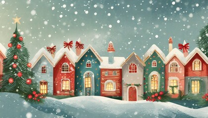 cute christmas houses in a row christmas new year banner cozy winter scene illustration in vintage style