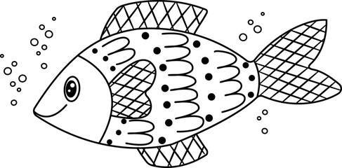 Vector illustration of a fish that swims in the water. A black and white coloring book for children. The marine world of fish. illustration of underwater life, marine creatures, algae and fish.