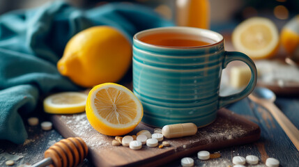 Turquoise mug of tea with lemon and honey on the background of medicines. The concept of treatment of colds by means of folk medicine. Vitamin drink - obrazy, fototapety, plakaty