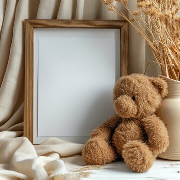 wooden blank photo frame with teddy.  interior decoration minimalist modern themed. Ai generated