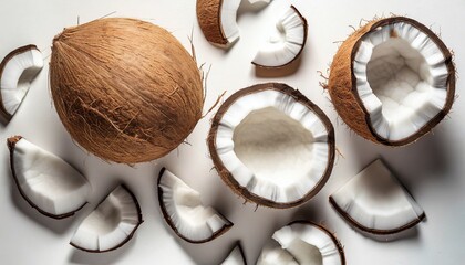 pieces of coconut on white background flat lay