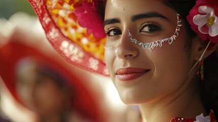 Woman Wearing Large Floral Hat, Fashionable Headwear With Vibrant Flowers, Chico De Mayo