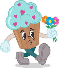 Illustration of a cupcake with flowers in retro style of the 30s, 40s, 50s, 60s. The character is the mascot of the cartoon. Vector illustration for Valentine's Day. Happy emotions, a smile.