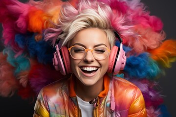 Creative young woman in high-tech glasses and headphones against vibrant background