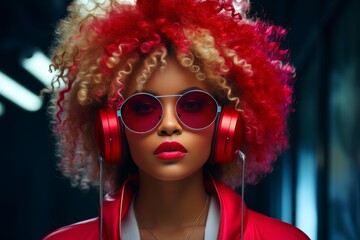 Stylish young woman in high-tech glasses and headphones against a vibrant background - obrazy, fototapety, plakaty