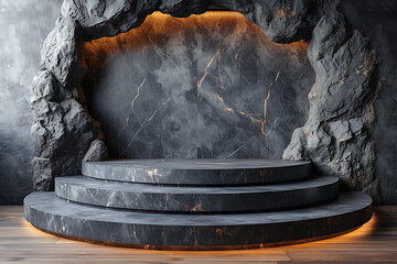 Background stone podium on rock platform  3d product   render stand.   podium stage minimal abstract background beauty dreamy space studio pedestal 