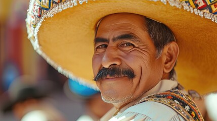 Mexican Man Wearing Sombrero and Smiling Outdoors, Chico De Mayo